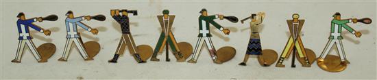 Eight German / Austrian Art Deco brass and enamel sports people menu holders, 3.8cm - 4cm